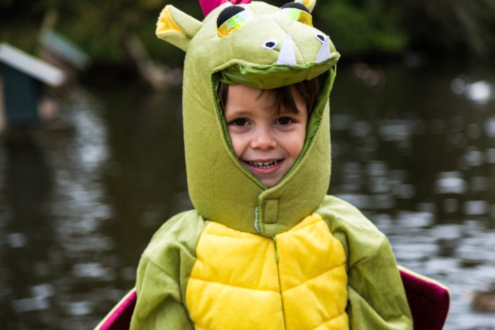 A young boy dressed in a dinosaur outfit for halloween